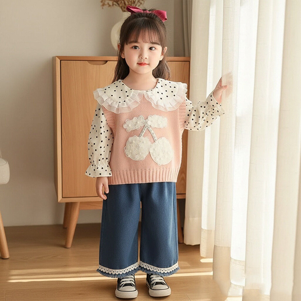 Girls' Outfit 2026 New Fashionable Children's Big Cherry Sweater Three-Piece Set Baby Spring and Autumn Clothes