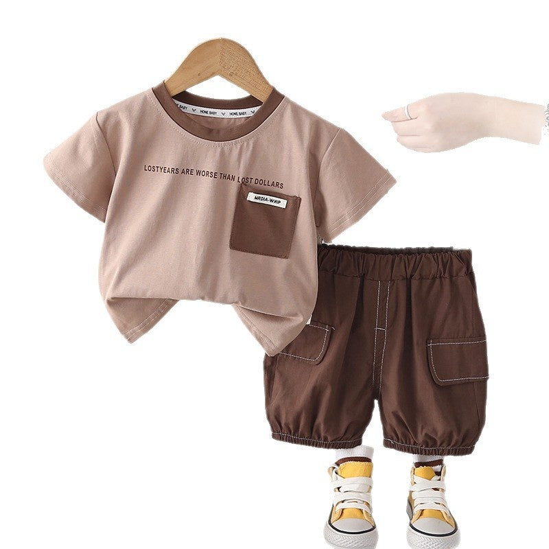 Boys' Outfit 2026 New Model Children's Short-Sleeve Fashionable Stylish Baby Summer Letter Pocket Logo Two-Piece Set