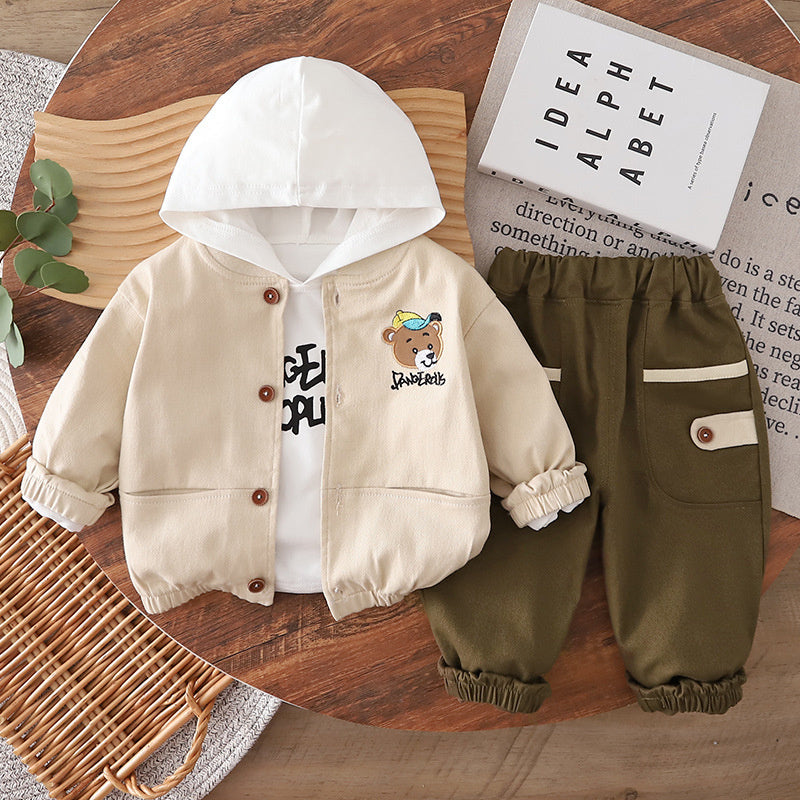 Children's Outfit Boys, Spring Clothing for 1-2-3 Year Olds, Toddler Autumn Outfit, Boy's Bear Hat Set, Baby Three-Piece Trendy Set