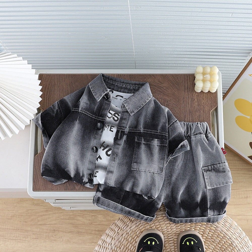 Boys' Outfit: Short-Sleeve Tie-Dye Denim Shirt Two-Piece Set, 2026 New Fashionable Thin Summer Style for Babies
