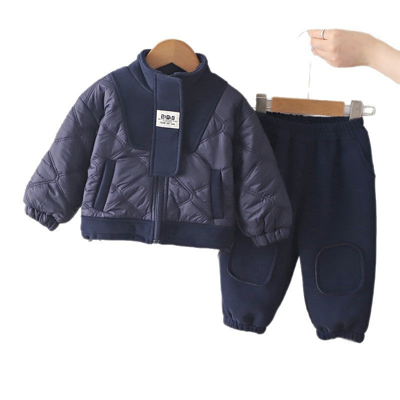 Clothing Boys' Children's Casual Fleece Lined Thickened Autumn Winter Outfit Baby High Collar Zipper Two-Piece Set Trendy