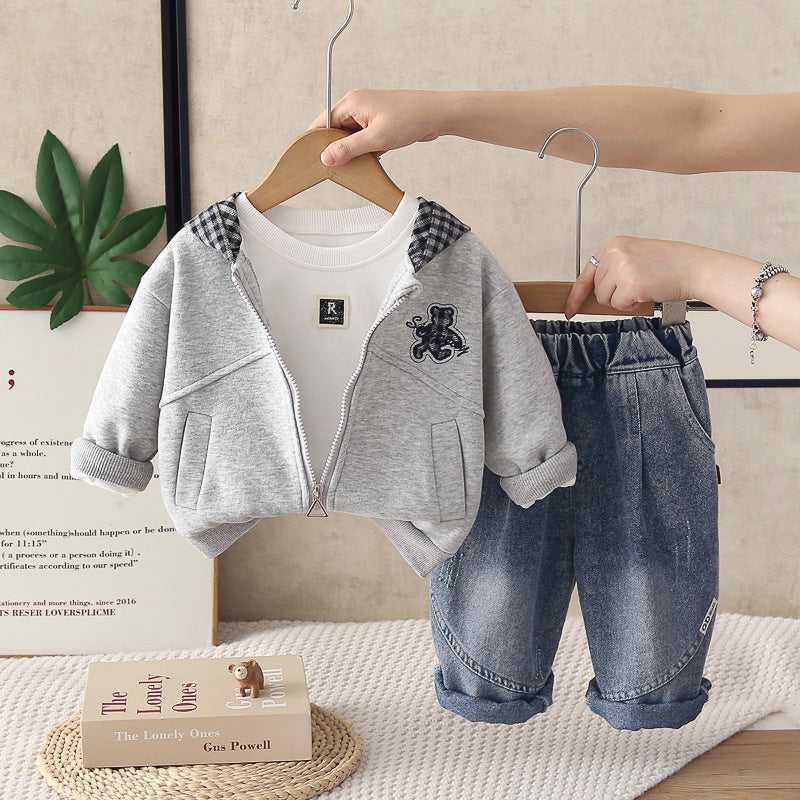 Children's Clothing 1-2-3-4 Years Old Boys Plaid Hooded Bear Three-Piece Set Baby Spring and Autumn Outfit Wholesale