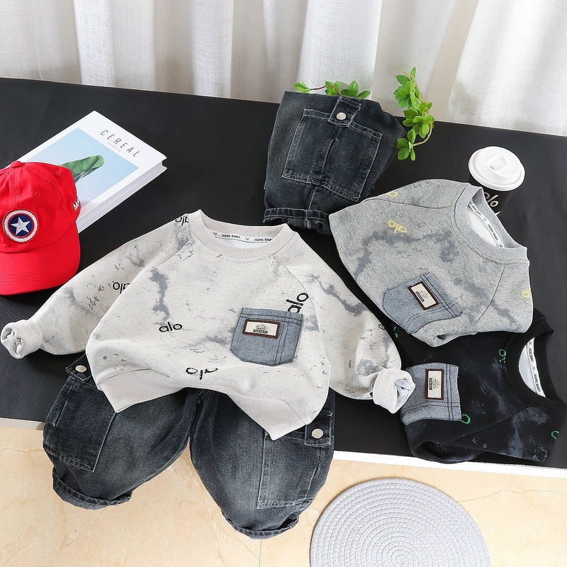 Boys' and Autumn Outfit 2026 New Fashionable Tie-Dye Pocket Two-Piece Set Children, Spring Casual Wear for Babies