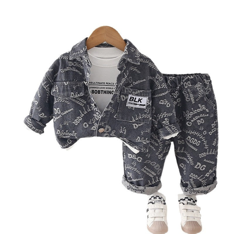 Boys' Spring and Outfit 2026 New Fashionable Children's Letter Print Denim Three-Piece Set Baby Autumn Jacket Trendy