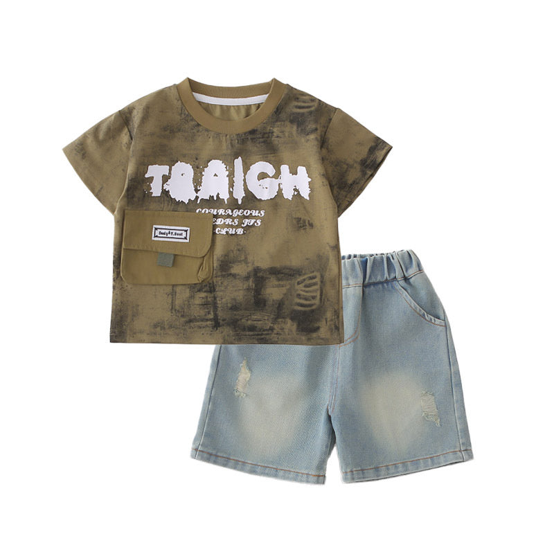 Boys' Outfit 2026 New Korean Style Cargo Pocket Round Neck Short Sleeve Children's Summer Casual Two-Piece Set