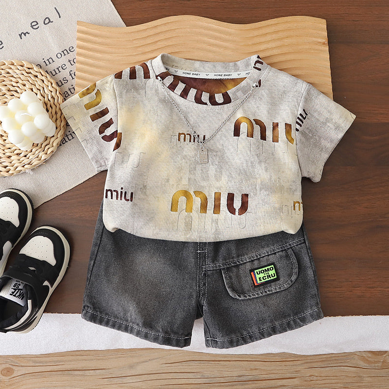 Boys' clothing for ages 1-4, 2-year-old infants' clothing, 3-year-old boy's necklace short-sleeve set, 5-year-old summer two-piece outfit
