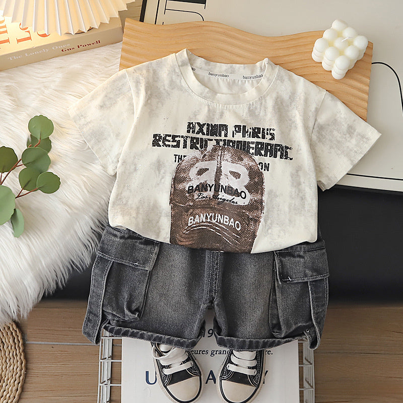 Baby Outfit Set 2026 New Model Boys' Letter Print Hat Short Sleeve Shorts Infant Children's Clothing Stylish for Toddlers in Summer