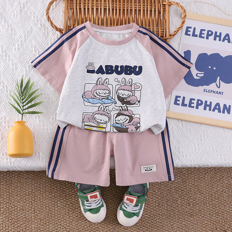 Boys' Summer Outfit 2026 New Fashionable Cartoon Sports Short Sleeve Set for 1-3 Year Old Boys and Girls