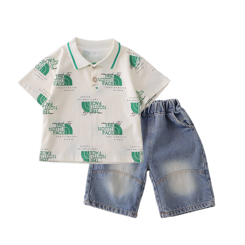 Boys' clothing, children's full-printed turn-down collar short-sleeve set, new stylish two-piece outfit for boys in summer
