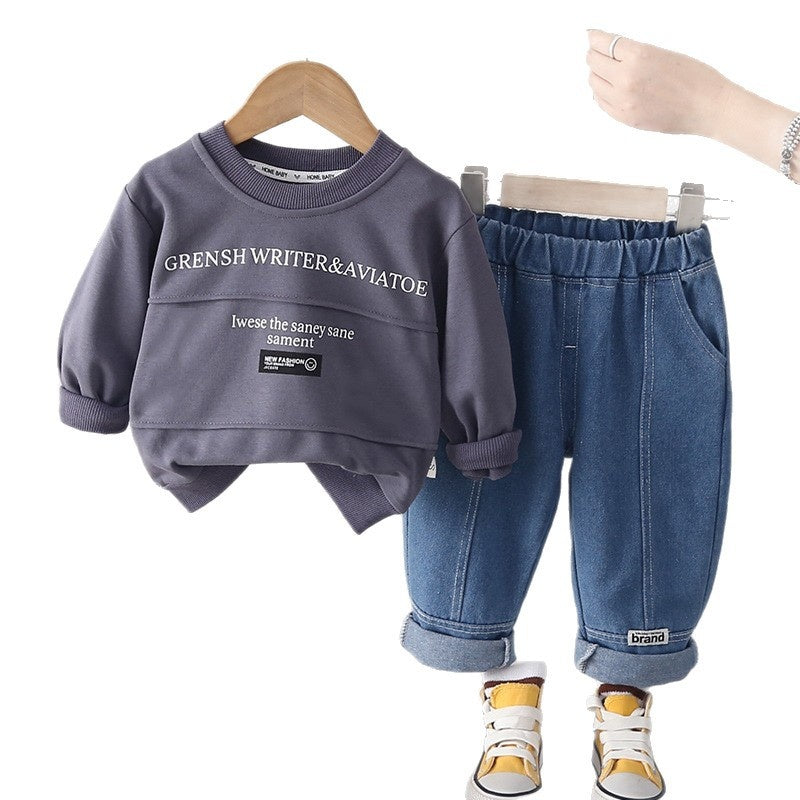 Boys' Autumn Fashionable Letter Patchwork Sweatshirt Two-Piece Set, Stylish Spring Outfit for Toddlers and Infants