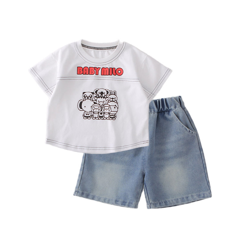 Boys' new style cute animal round-neck short-sleeve clothing for children, baby and infant two-piece summer outfit