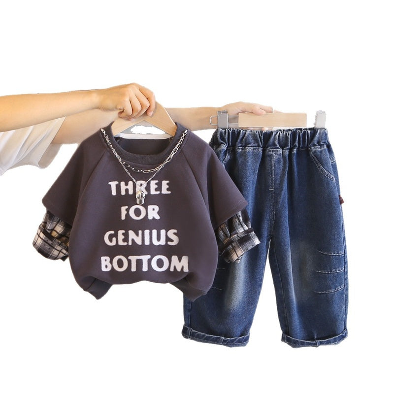 Boys' necklace-studded sweatshirt stylish outfit for toddlers, spring autumn two-piece set, trendy baby and toddler clothing