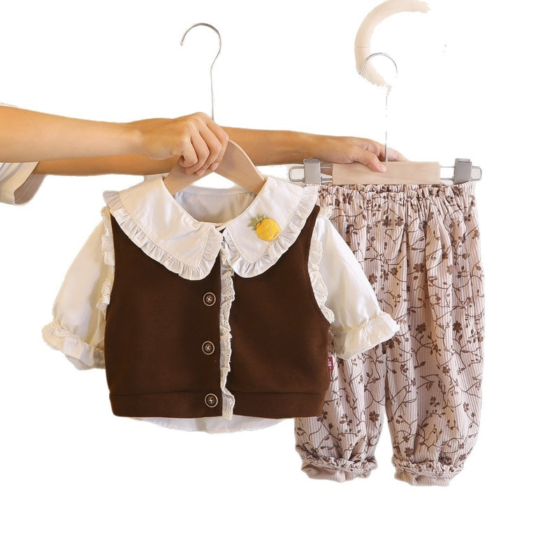 Girls' stylish and autumn lace vest three-piece set, 2026 new Korean style outfit girls, spring fashion for toddlers
