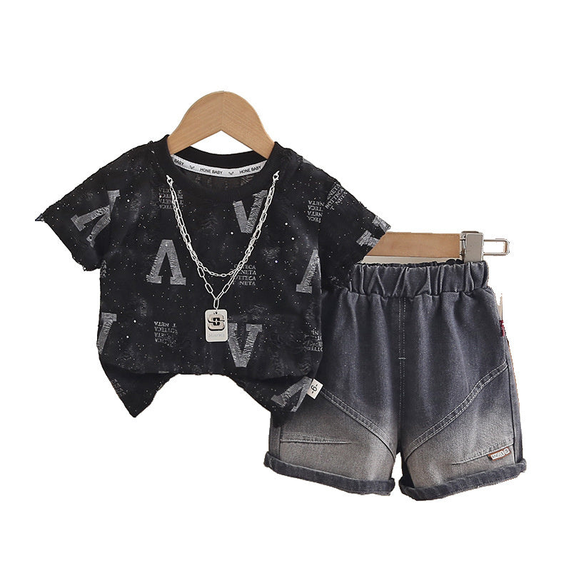 Boys' Summer Clothing 2026 New Fashionable Outfits for Baby Boys Trendy Children's Letter Necklace Round Neck Short Sleeve Set