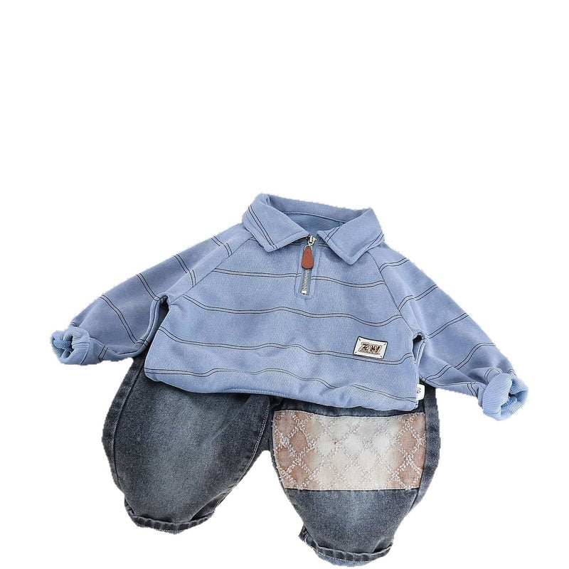 Boys' Outfit 2026 New Children's Spring and Autumn Lapel Fine Striped Sweatshirt Fashionable Two-Piece Set for Trendy Babies