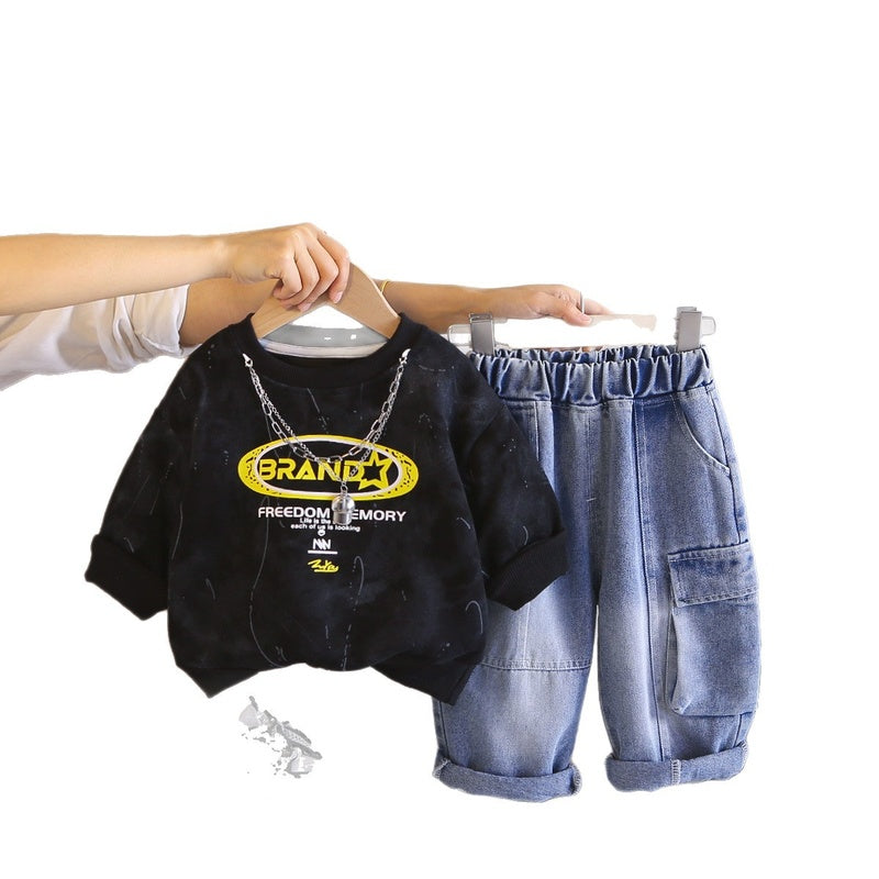 Boys' outfit, infant autumn two-piece set, children's new stylish letter-print clothing for spring and autumn, trendy wholesale