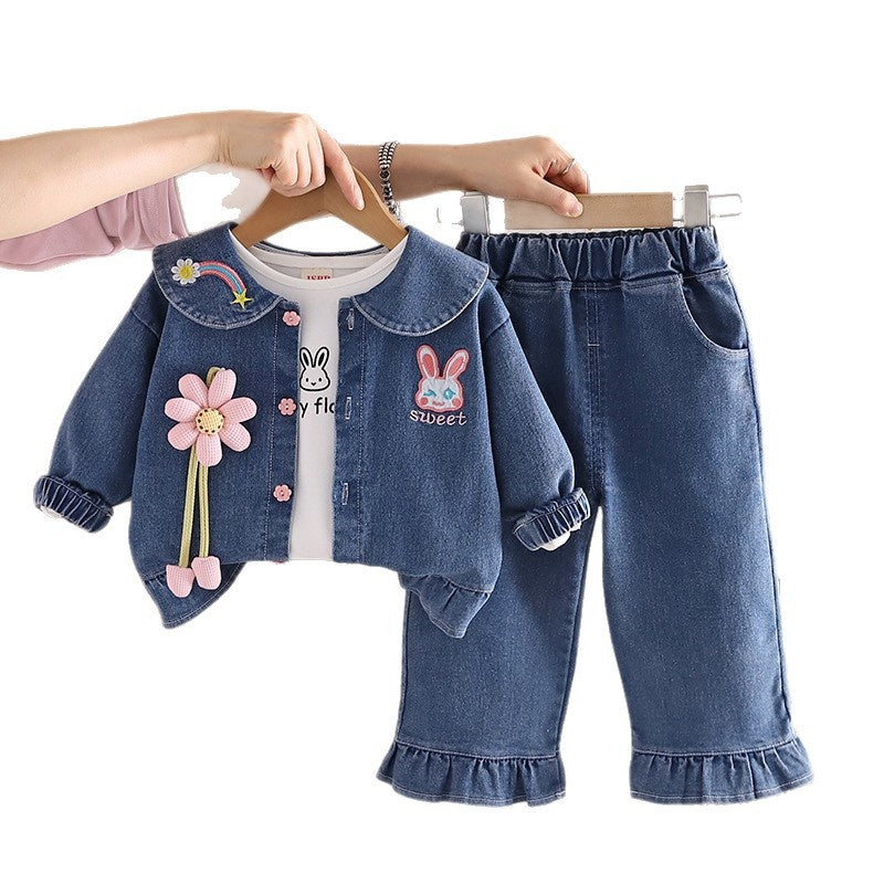 Girls' Outfit Spring and Fashionable 2026 Autumn New Baby Stylish Cartoon Rabbit Denim Three-Piece Set Wholesale