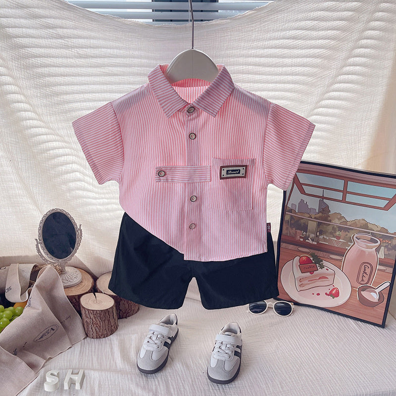 2026 Outfit Set: Children's Turn-down Collar Short-sleeve Shirt and Shorts for Little Boys' Summer Clothing