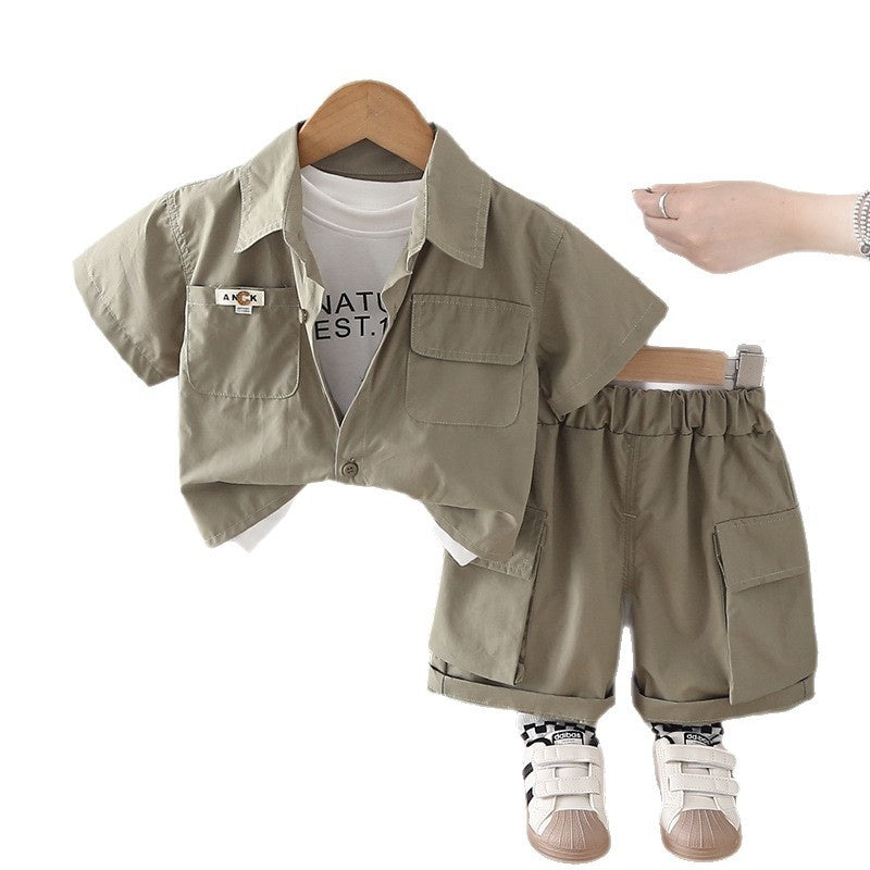 2026 Summer New Boys' Workwear Double-Pocket Short-Sleeve Baby Fashion Korean Style Children's Clothing Three-Piece Set