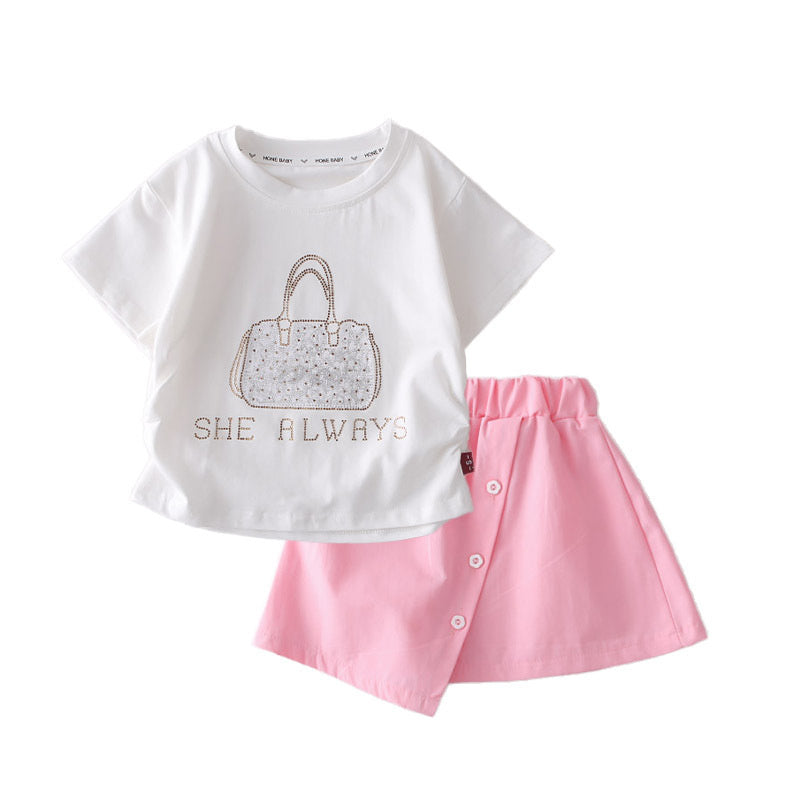 Girls' outfit 2026 new style children's clothing with rhinestone bag, short-sleeved summer fashion, stylish and trendy for baby girls