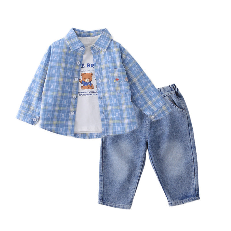 Boys' Outfit 2026 New Model Baby Boy Plaid Shirt with Bear Print on the Back Three-Piece Set for Spring Autumn Infant and Toddler Clothing