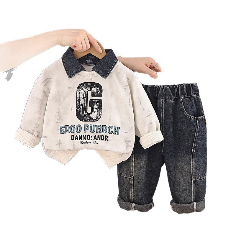 Baby boy's collared sweatshirt spring and autumn set, 0-1 year old infant clothing, 2-piece long-sleeve set for toddlers, stylish