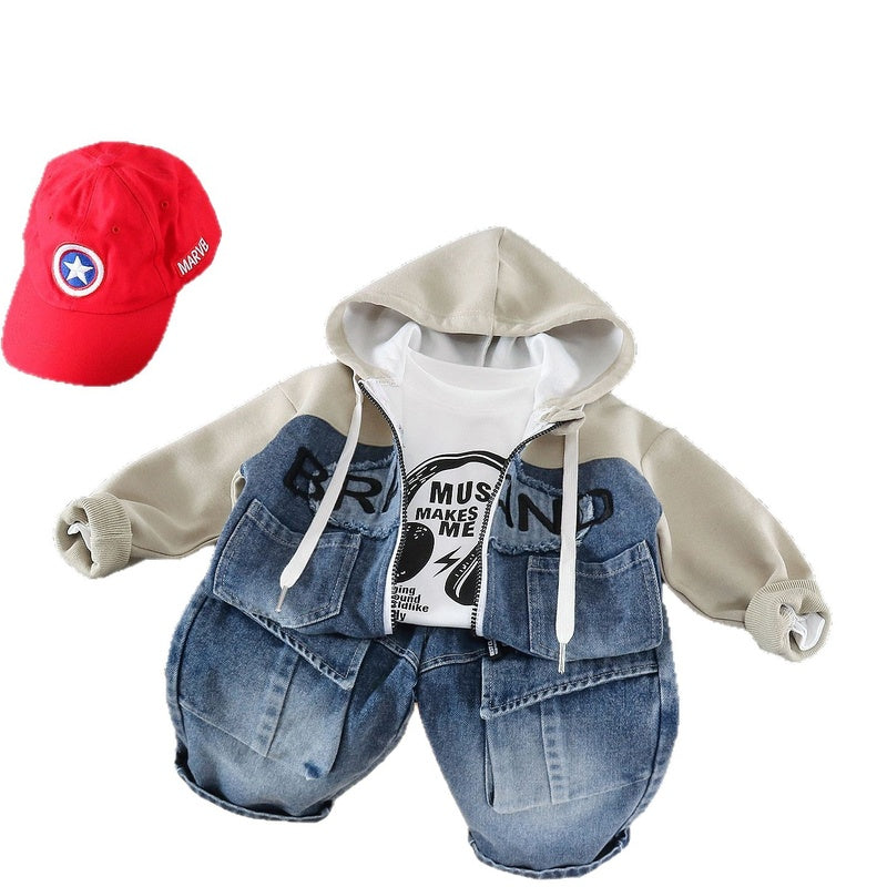 Boys' Outfit 2026 New Fashionable Children's Spring and Autumn Baby Patch Letter Zipper Hoodie Three-Piece Set