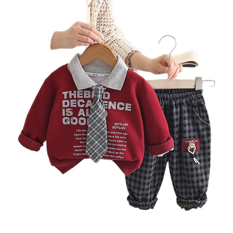 Boys' Outfit 2026 New Children's Two-Piece Set with Letter Print on Chest Tie, Baby's Spring and Autumn Casual Clothes