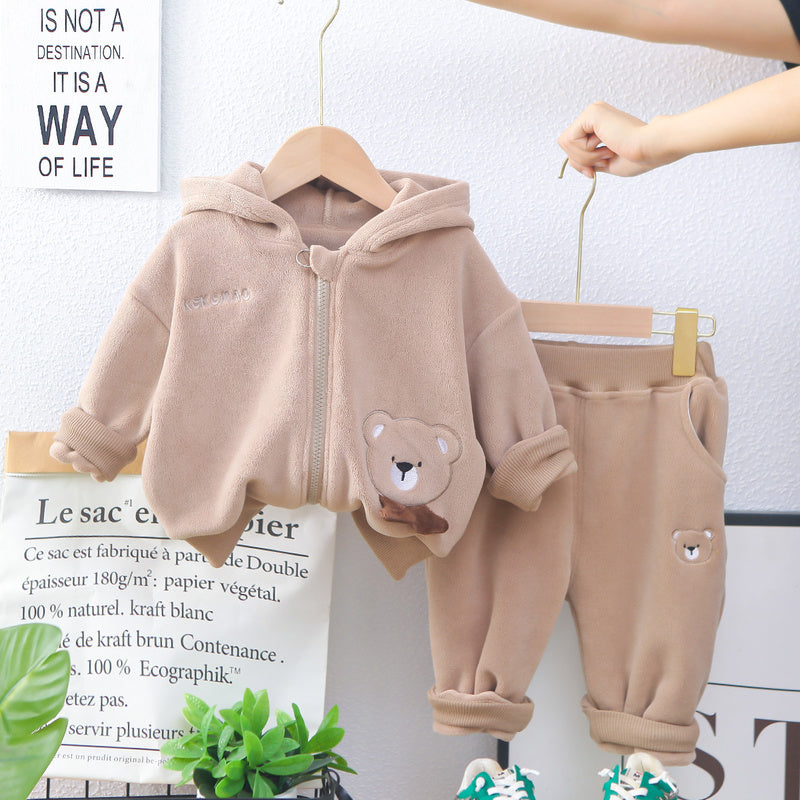 Baby Fleece-Lined Footed Bear Cotton Suit Thickened 2 Children's Clothes Boys' Autumn Clothing 1-Year-Old Infant Winter Outfit