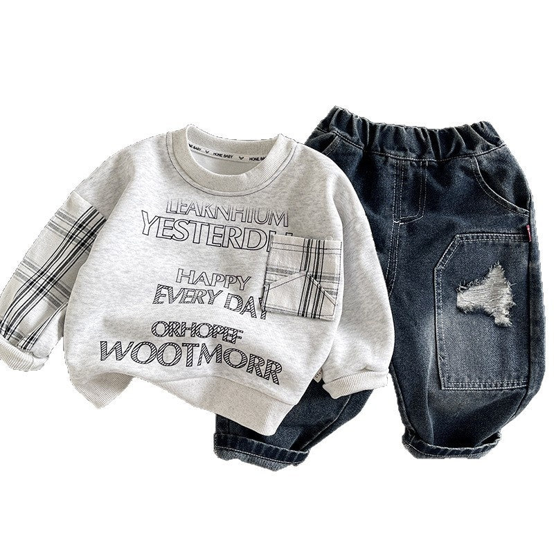 Boys' Spring and Autumn Outfit 2026 New Stylish Infant Children's Clothing Trendy Baby Patchwork Sleeve Round Neck Sweatshirt Two-Piece Set