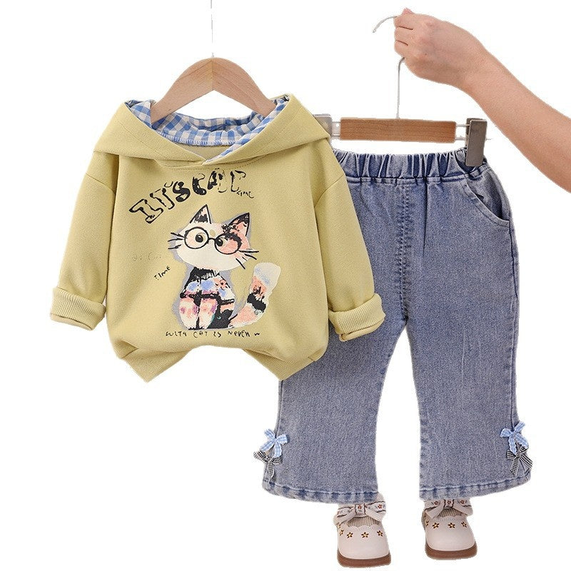 Children's Autumn Outfit 2026 New Spring-Autumn Set: Cat Print Sweatshirt and Jeans, Stylish Two-Piece Set for Girls