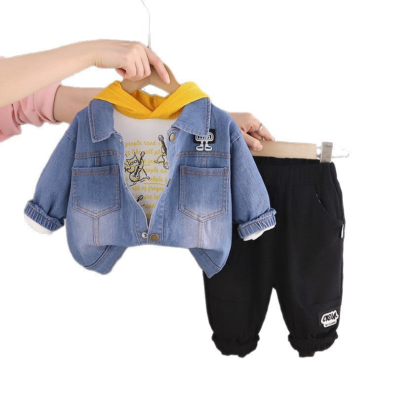 Boys' Outfit 2026 New Korean Style Fashionable Baby Spring and Autumn Long Sleeve Cat Denim Three-Piece Set