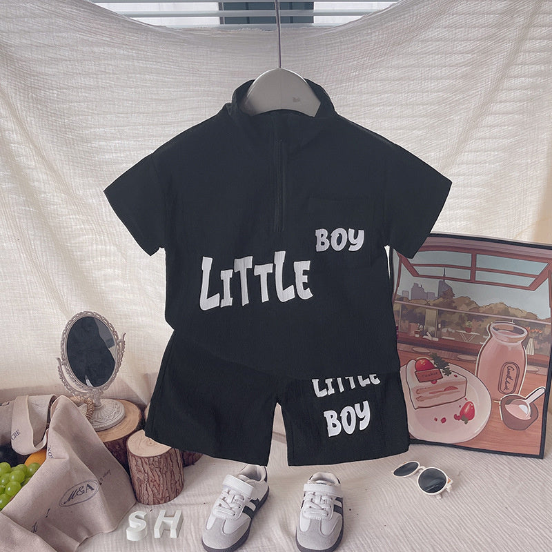 Summer boys' outfit stylish toddler letter print half-zip short-sleeve suit casual fashion sporty children's clothing trendy