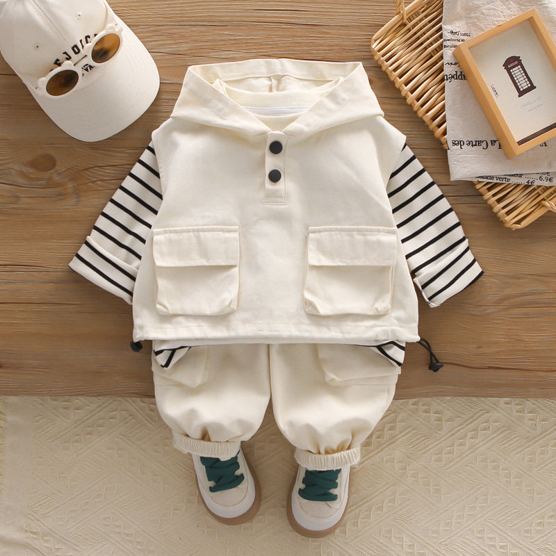 Children's Spring and Autumn 2025 New Stylish Boys' 0-5 Years Old Hooded Striped Workwear Vest Three-Piece Set