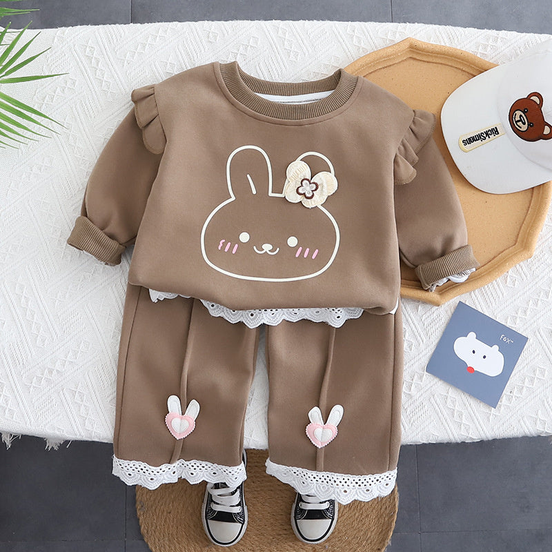Girls' Lace Trim Bunny New Korean Style Fashionable Baby Casual Spring Autumn Sweatshirt for Outerwear