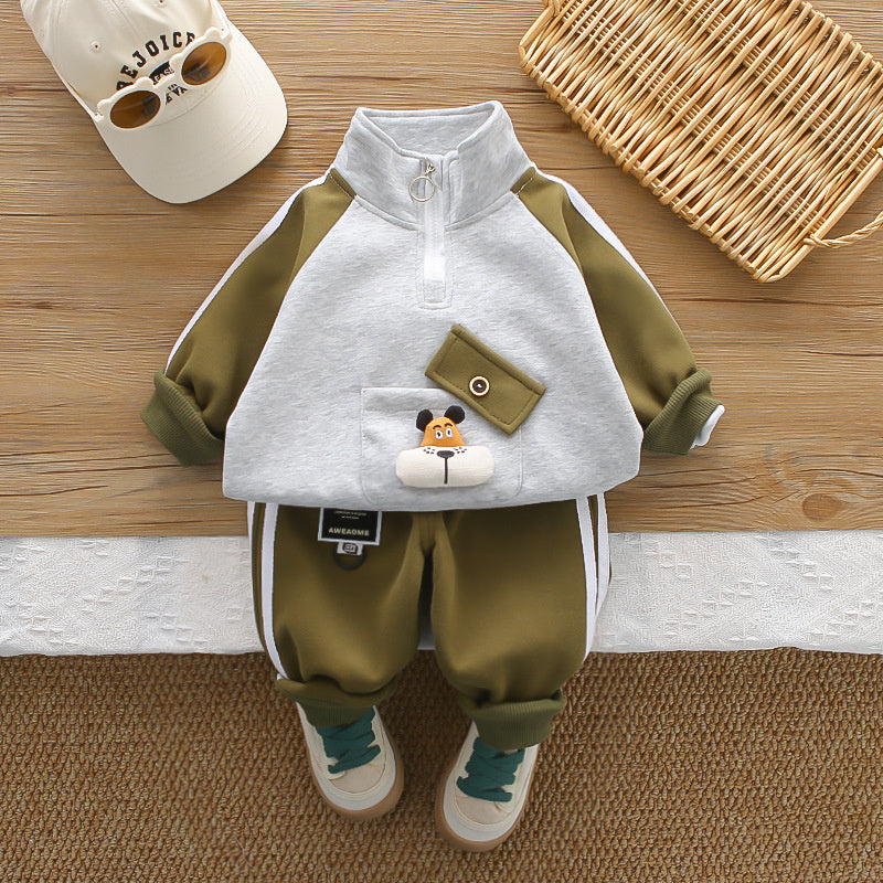 Boys' Outfit Set: New Spring Autumn Style for Infants Children, Stylish Korean Version with Diagonal Pocket Cover and Puppy Print Sweatshirt Two-Piece Set