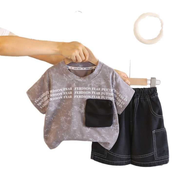 Boys' Outfit 2026 New Style Pocket Short Sleeve Fashionable Toddler Summer Clothes Round Neck Thin Two-Piece Set Trendy