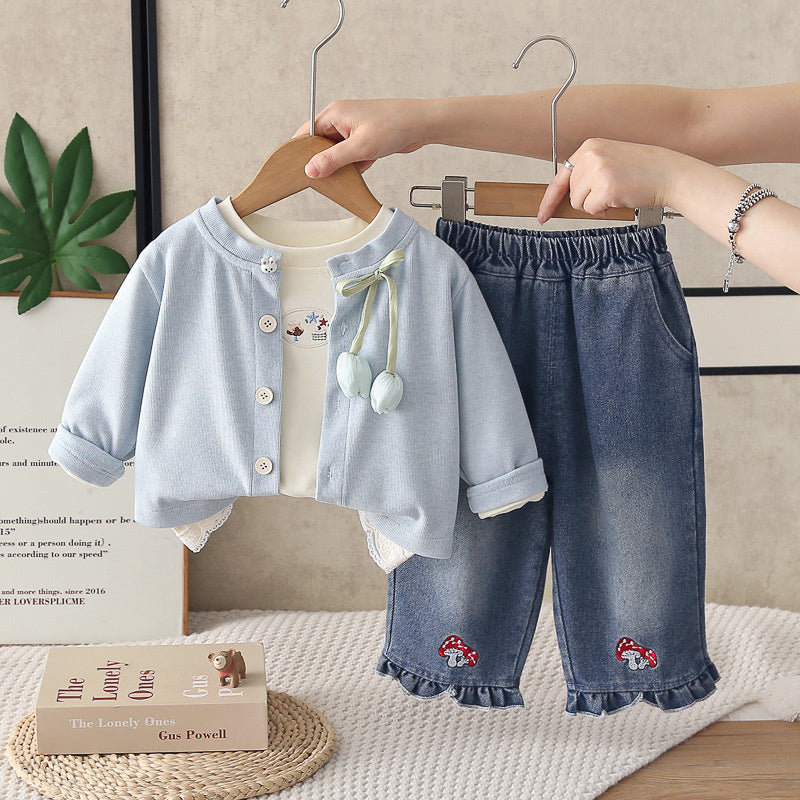 Girls' Outfit 2026 New Fashionable Tulip Cardigan Three-Piece Set Baby Spring and Autumn Casual Infant Children's Trendy Clothing