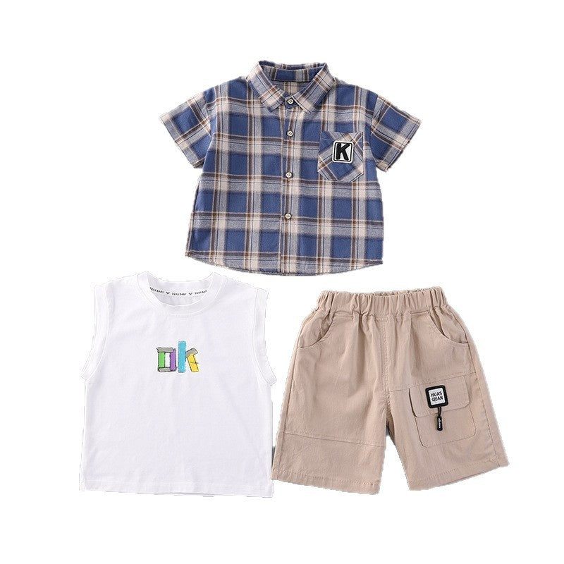 Boys' Outfit 2026 New Cool and Stylish Sports Set for Young Children, Thin Plaid Short-Sleeve Shirt Three-Piece Summer Trend