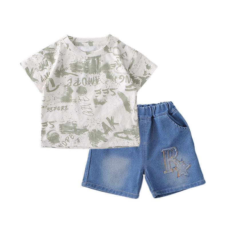 Boys' Summer Outfit 2026 New Style Children's Short Sleeve Denim Shorts Two-Piece Set Baby Fashionable Casual Trendy