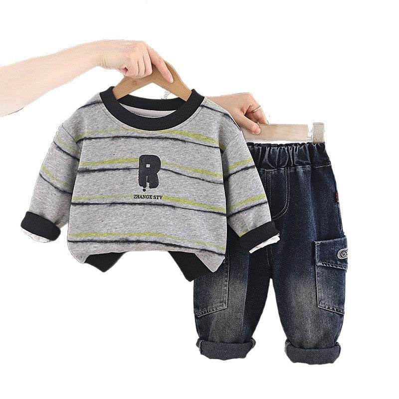 Boys' Spring Autumn Outfit 2026 New Fashionable Striped Sweatshirt and Korean Style Casual Denim Pants Two-Piece Set for Kids