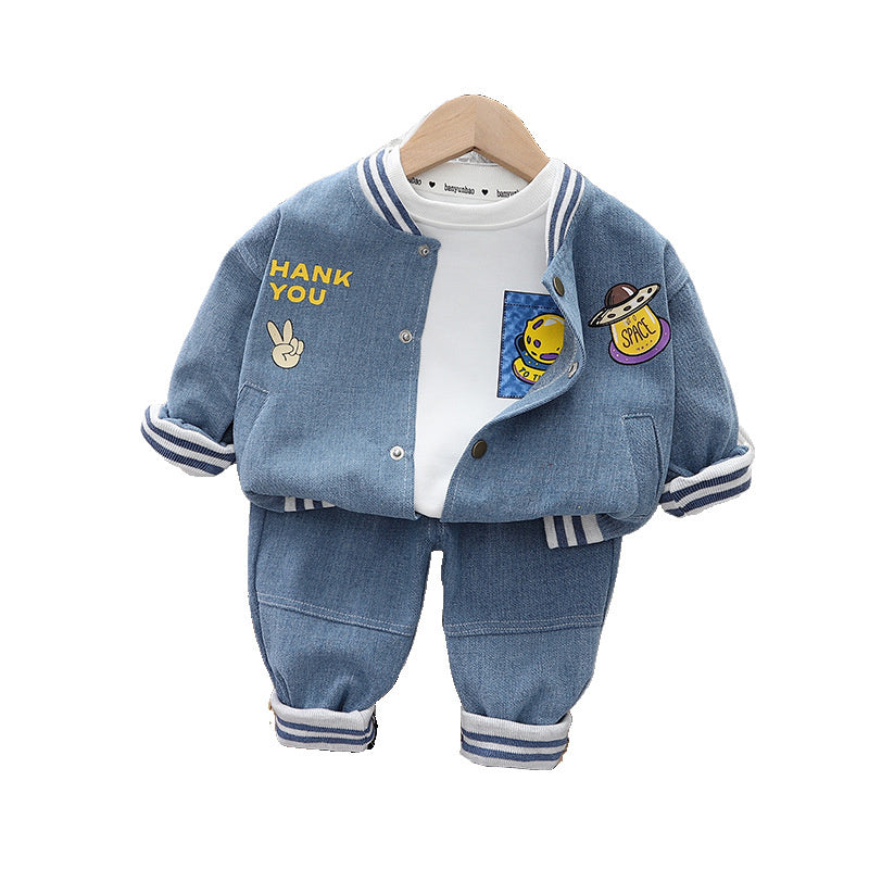 Boys' Spring and Denim Cartoon Three-Piece Set Baby Autumn Fashionable Stylish Toddler Clothes Infant Trendy Style