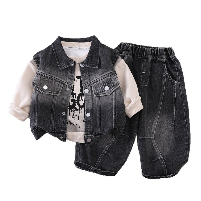 Boys' Denim Vest with Pockets Three-Piece Set 2026 New Fashionable Stylish Baby Clothes Spring and Autumn Outfit Trendy