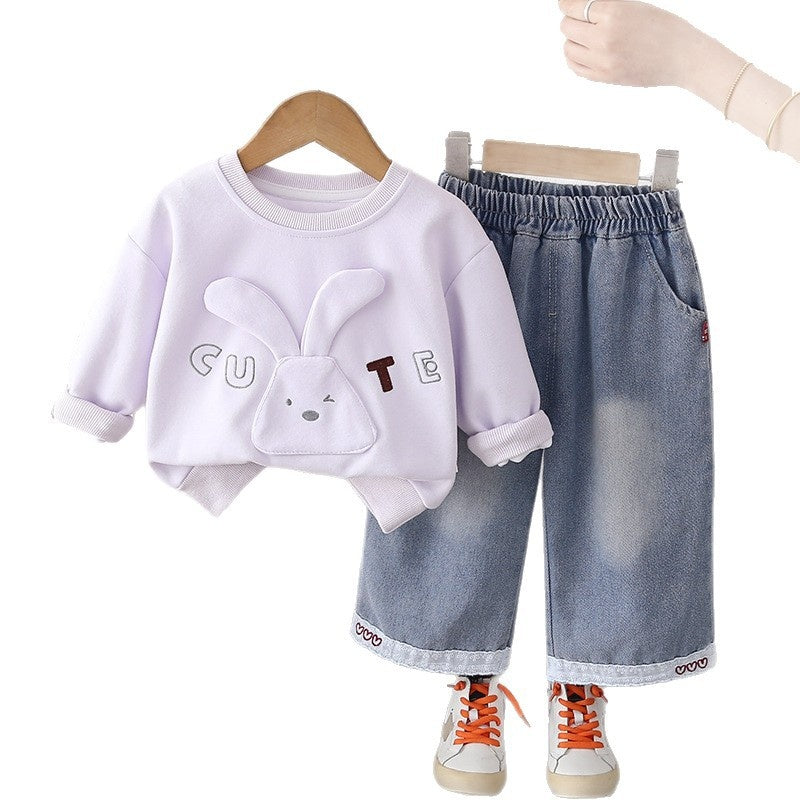 Girls' Sweatshirt 2026 New Fashionable Children's Outfit Baby Long-Eared Rabbit Clothes Spring and Autumn Two-Piece Set Trendy