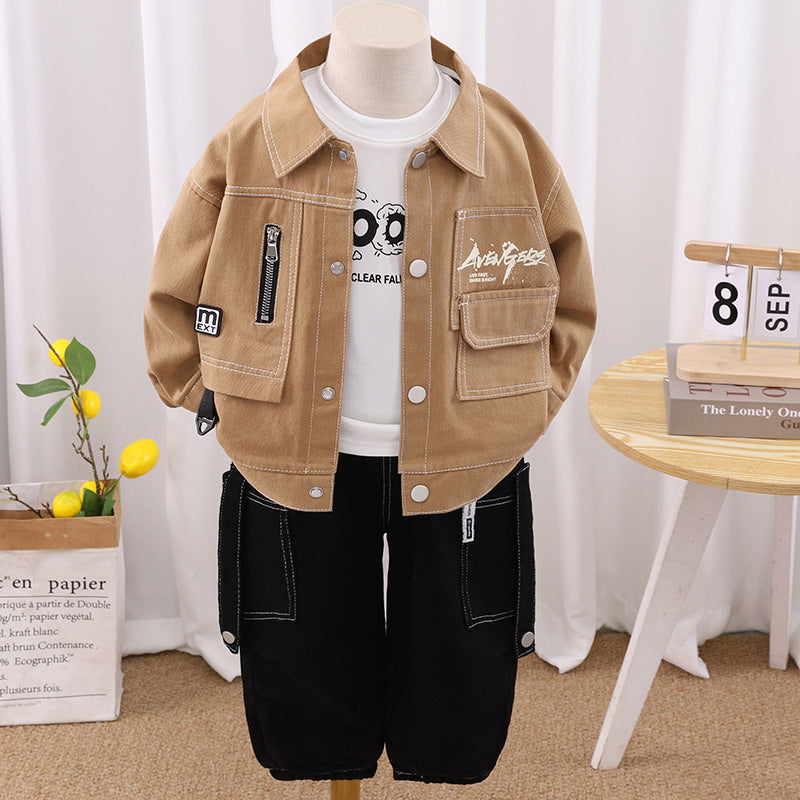 Boys' Outfit 2025 New Baby Spring and Autumn Korean Style Toddler Clothes Children's Casual Pocket Cargo Three-Piece Set