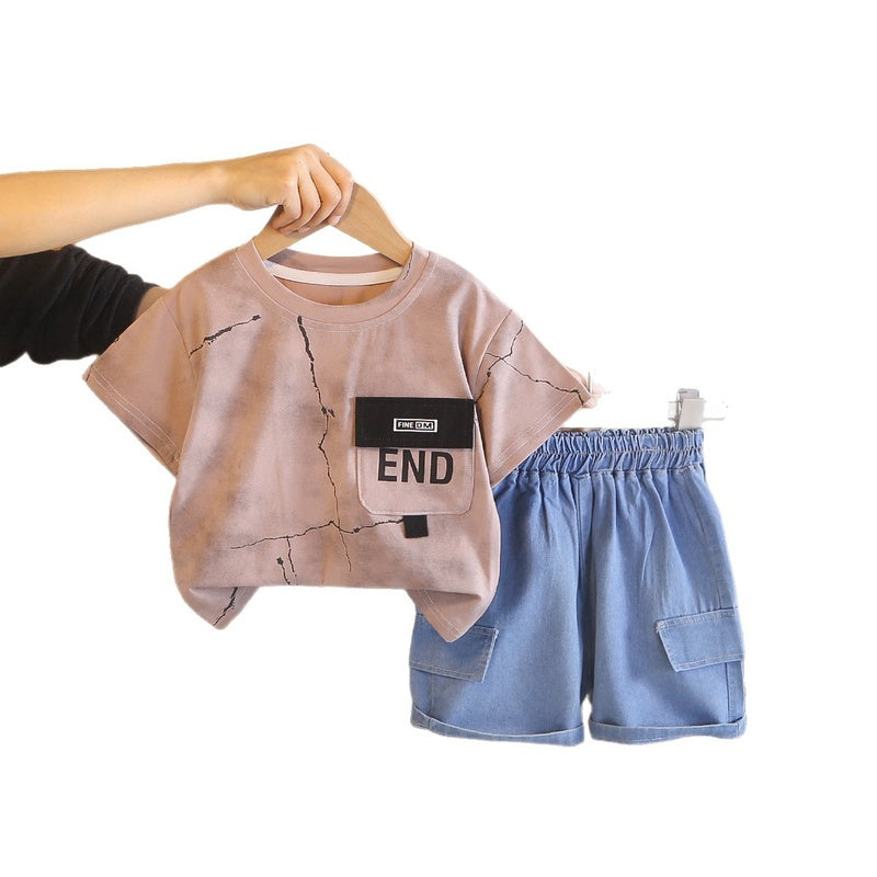 Boys' Summer Outfit 2026 New Stylish and Cool Baby Children's Pocket Short-Sleeve Two-Piece Fashionable Clothes