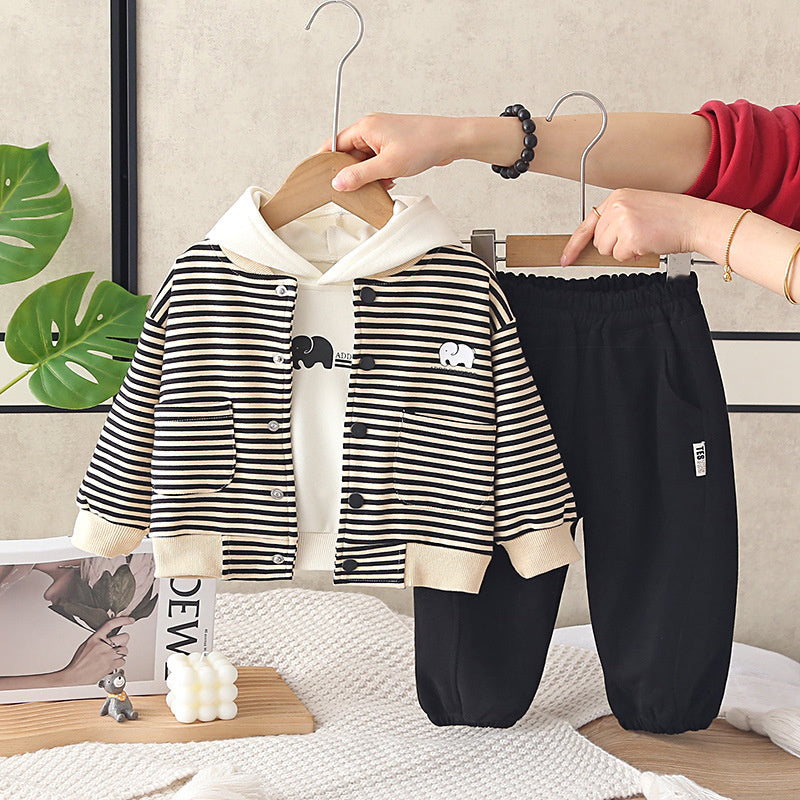 Boys' Outfit 2026 New Children's Spring and Autumn Baby Stylish Elephant Striped Cardigan Three-Piece Set Trendy