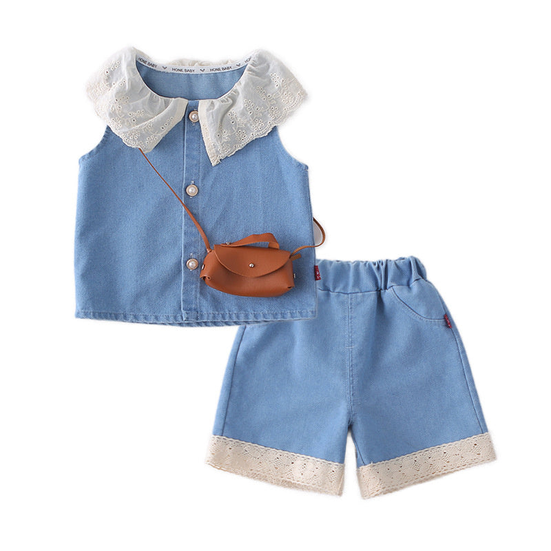 Baby Girl Outfit 2026 New Fashionable Children's Clothing Doll Collar Sleeveless Denim Two-Piece Set for Summer