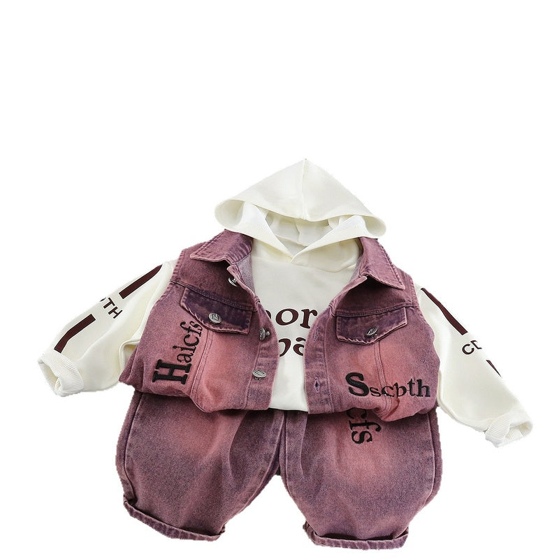 Boys' Outfit 2026 New Style Children's Spring and Fashionable Letter Denim Vest Three-Piece Set for Toddlers in Autumn