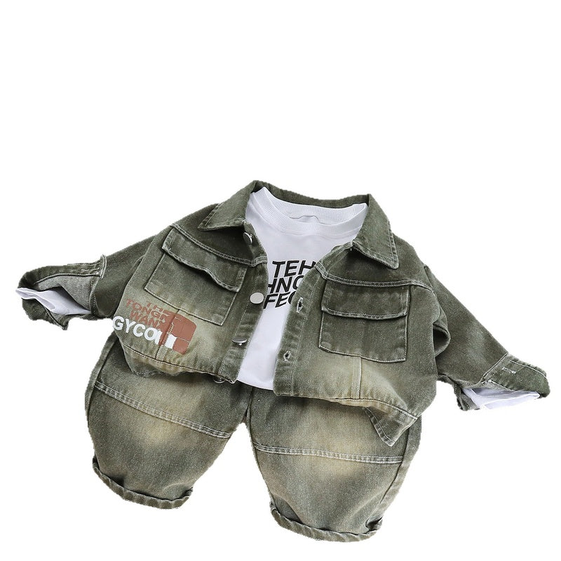 Children's for boys, 2026 outfit stylish baby spring and autumn denim long-sleeve three-piece set, infant clothing wholesale